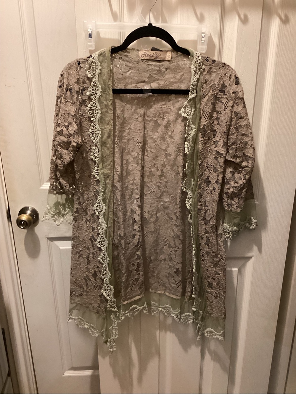 Beige Lace Open Kimono with Olive Trim